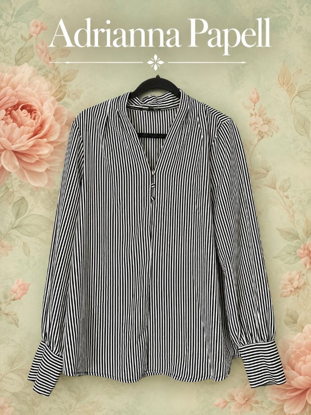 Adrianna Papell Black & White Striped Long Sleeve Blouse